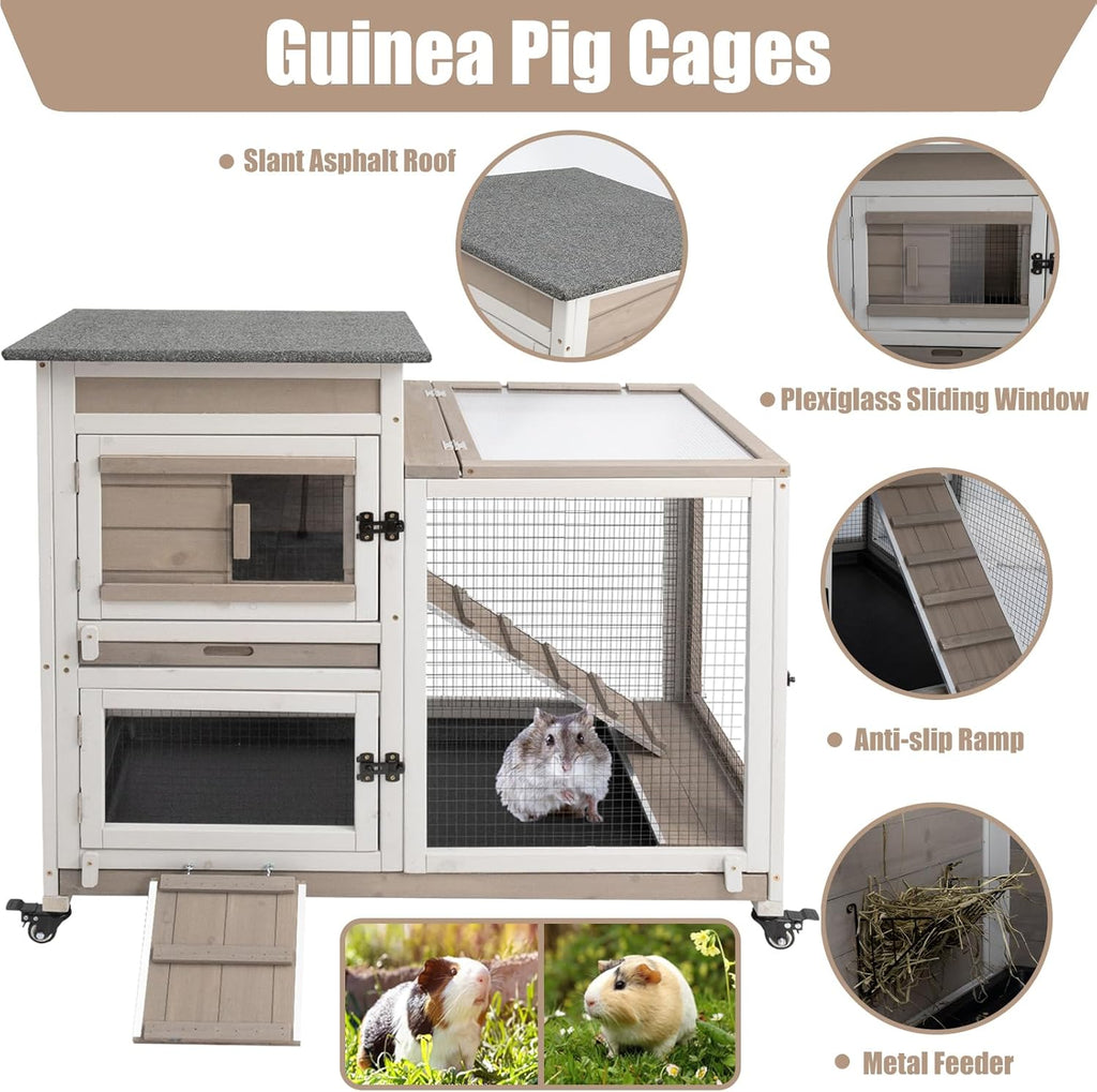 Grey Large 2 Story Wooden Guinea Pig Cage with 4 Metal Wheels and 2 Pull-Out Trays K853006