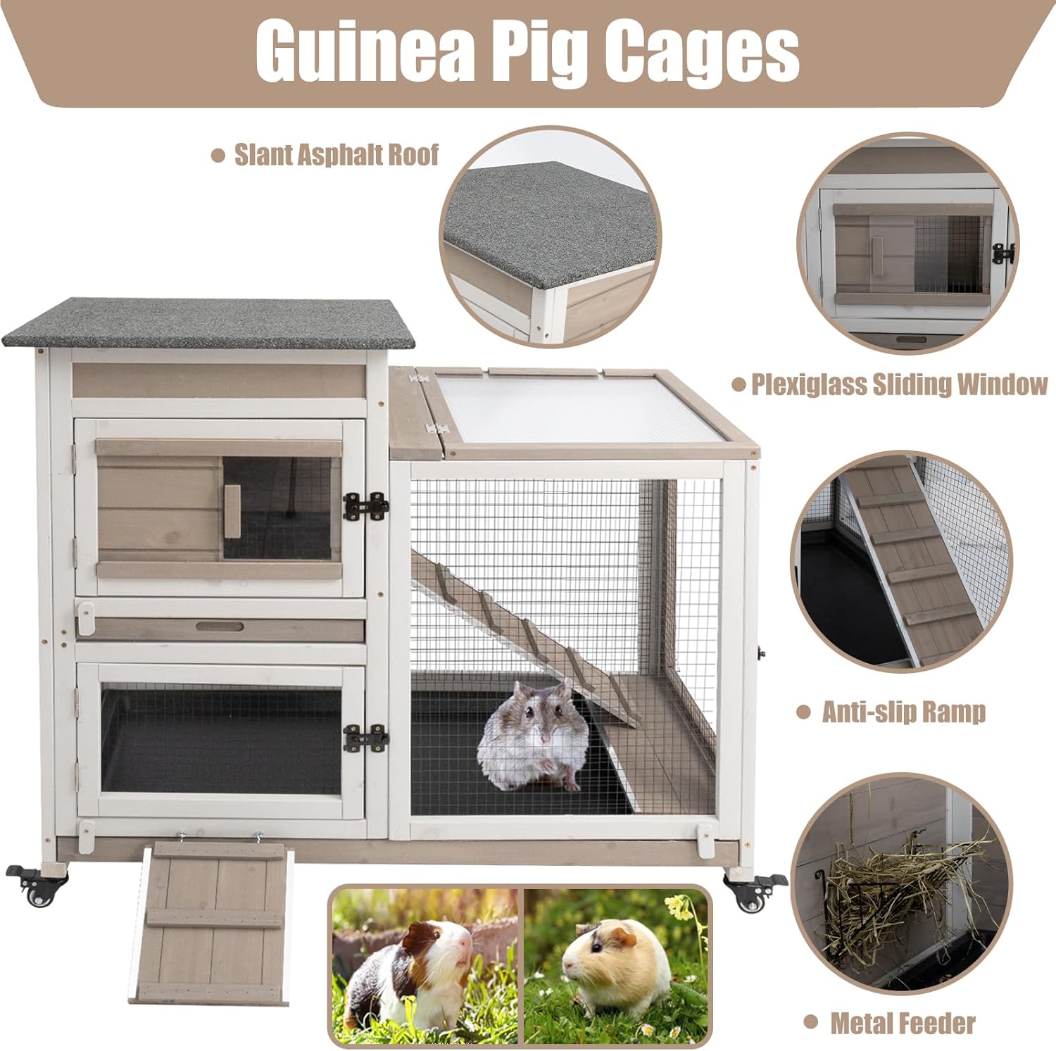 Grey Large 2 Story Wooden Guinea Pig Cage with 4 Metal Wheels and 2 Pull-Out Trays K853006