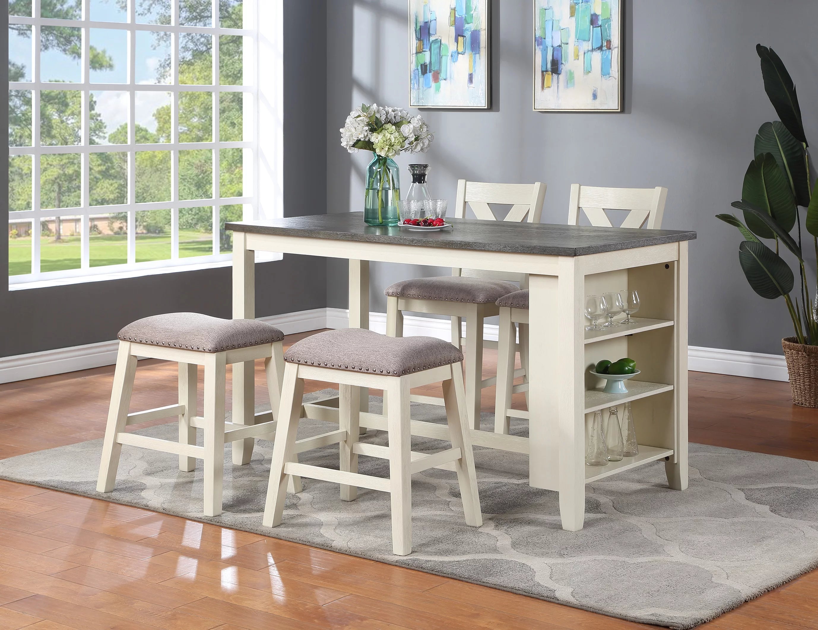 5pc Counter Height Dining Table with Storage Shelves and Stools E52093