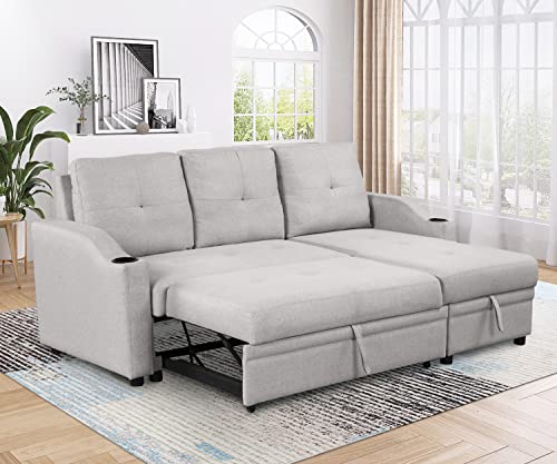 80.3" Linen Fabric Pull Out Sofa Bed with Storage Chaise Q51521