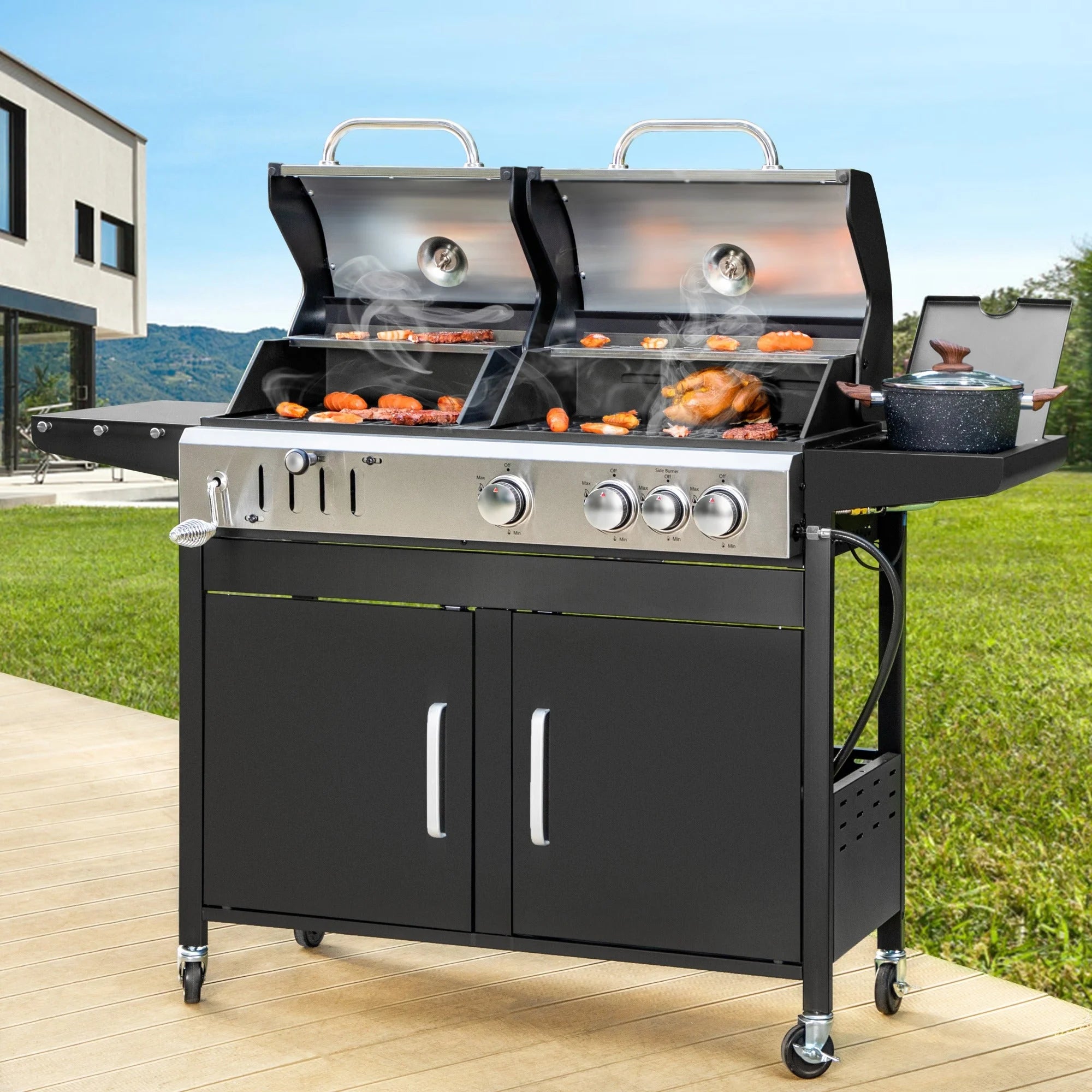 Dual Fuel Gas and Charcoal Grill Combo with Side Burner U5718
