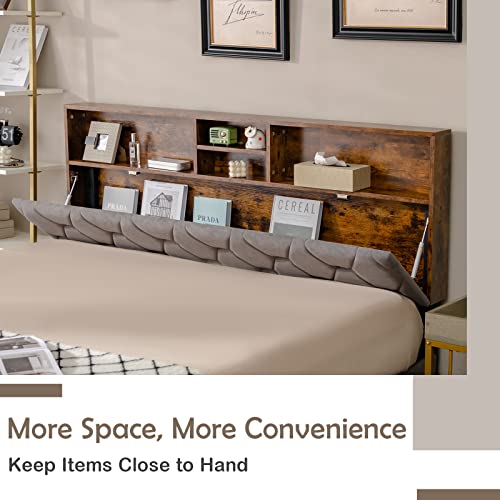 Queen Size Upholstered Platform Bed with Storage Shelves D8816