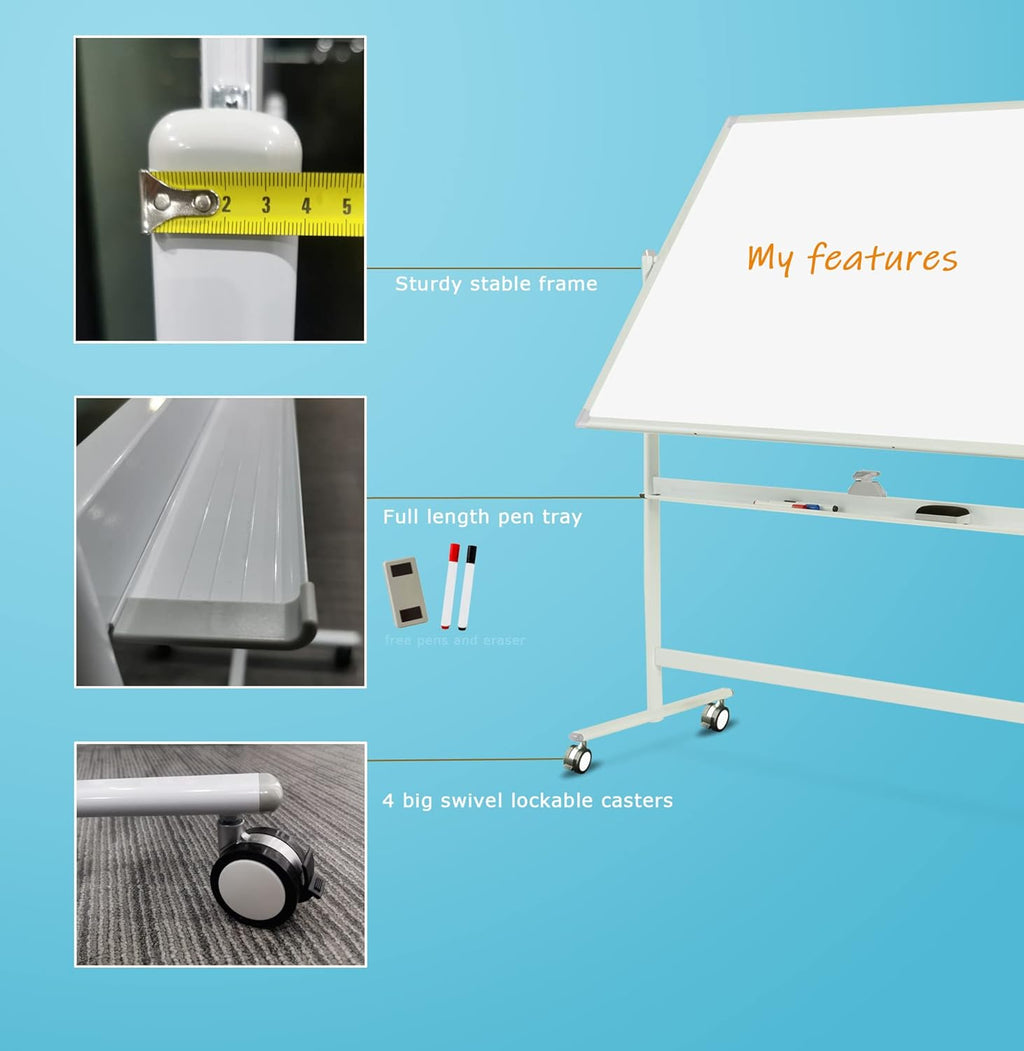 Mobile Double Sided Whiteboard 36 x 71 Inches with Aluminum White Frame Y9675