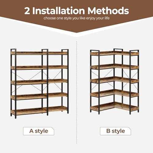 Rustic Brown 5 Tier Corner Bookshelf with Metal Frame B3218