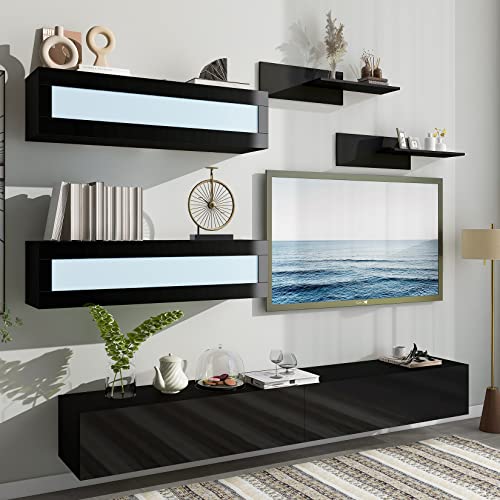 Black High Gloss Wall Mount Floating TV Stand with Four Media Storage Cabinets and Two Shelves F595409