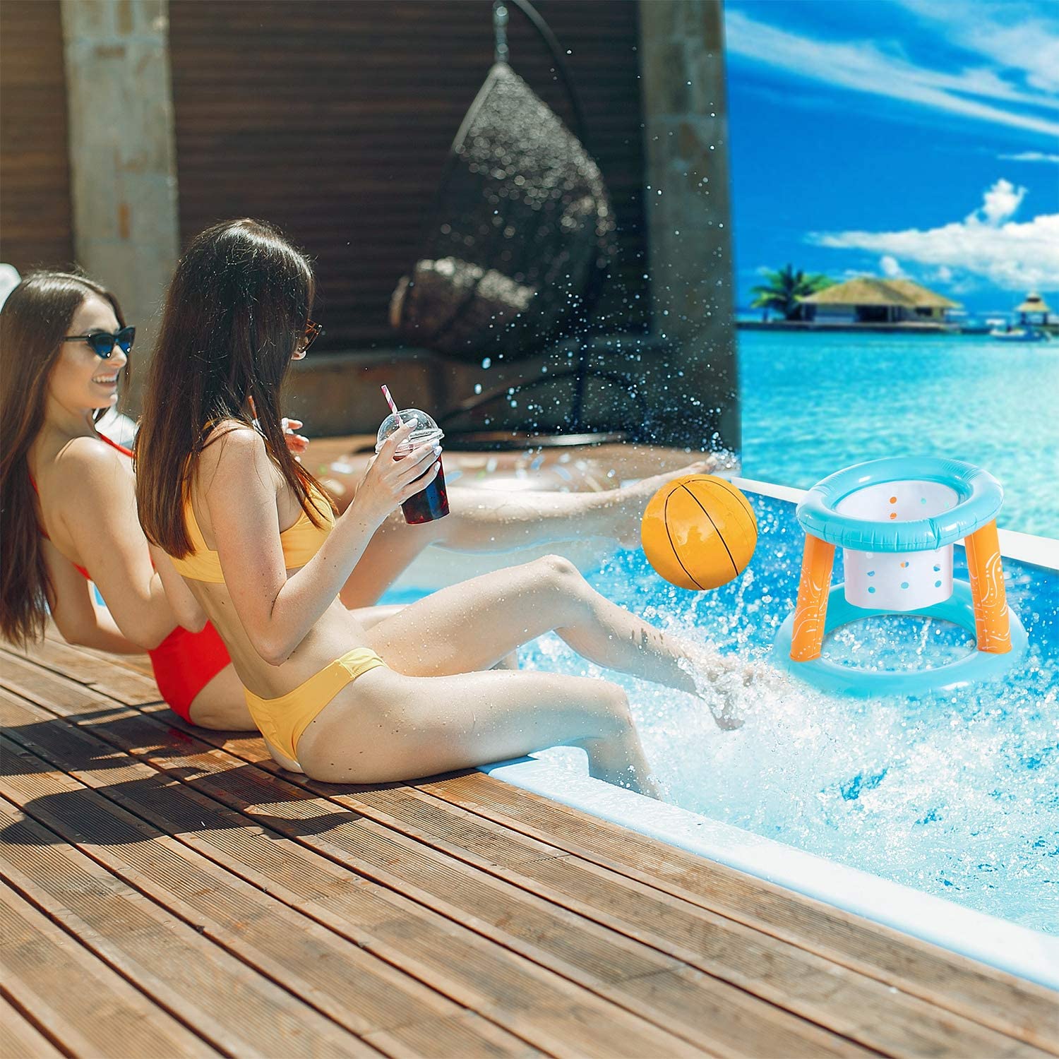 Light Blue Inflatable Pool Volleyball Set with 2 Balls and Basketball Hoops U792