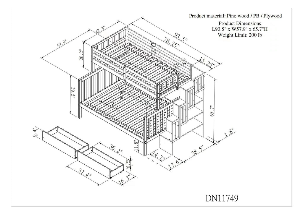 White Twin Bunk Bed with 2 Drawers and Stairs B707