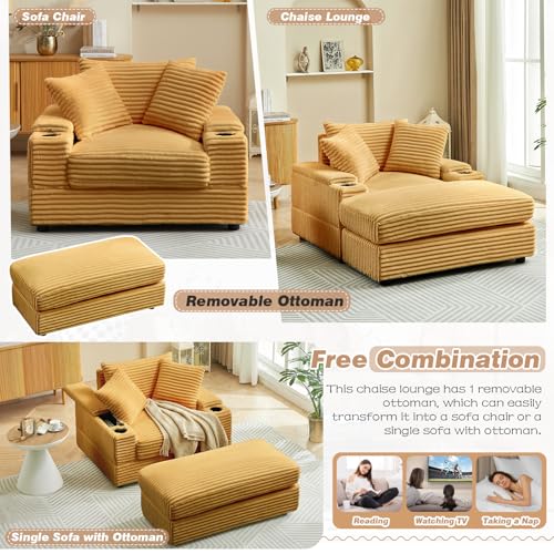 Oversized Corduroy Chaise Lounge Chair with Ottoman and Cup Holder Y52552