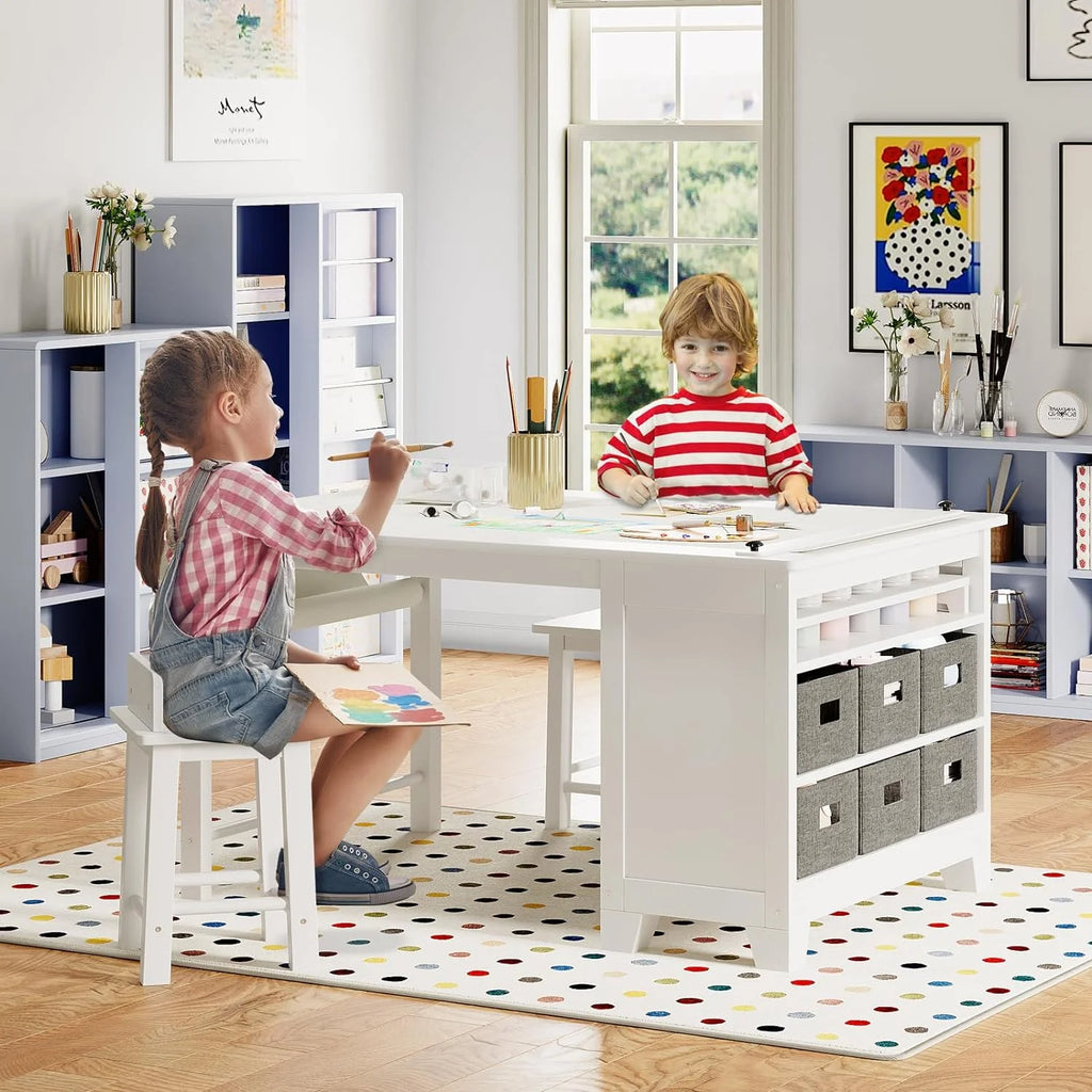 Kids Art Table and Chair Set with Two Chairs, Storage Shelves, Canvas Bins, Paper Roll O116
