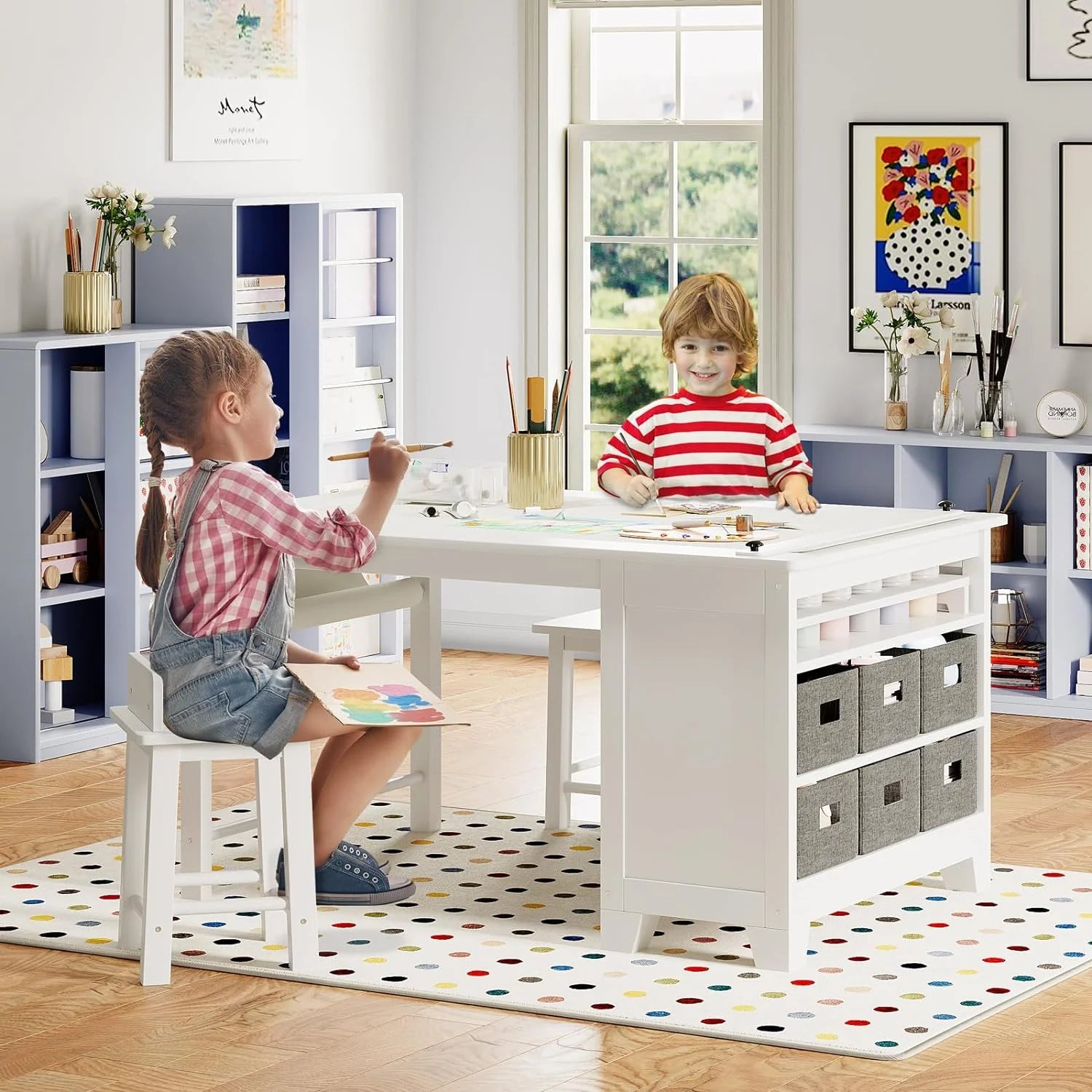 Kids Art Table and Chair Set with Two Chairs, Storage Shelves, Canvas Bins, Paper Roll O116