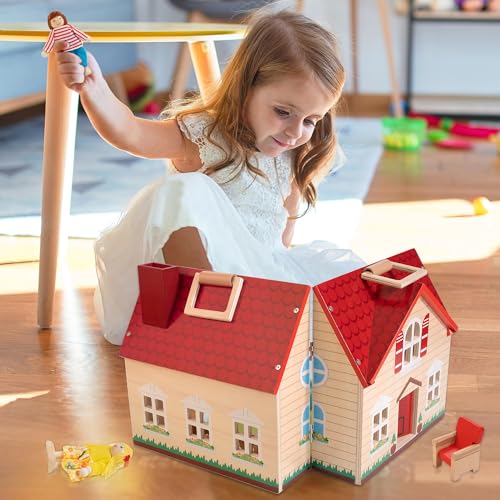 Foldable Wooden Dollhouse with 13pcs Furniture, 4 Rooms and 2 Flexible Dolls T5818