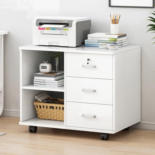White 3 Drawer Wood Mobile File Cabinet with Open Storage Shelves D584441