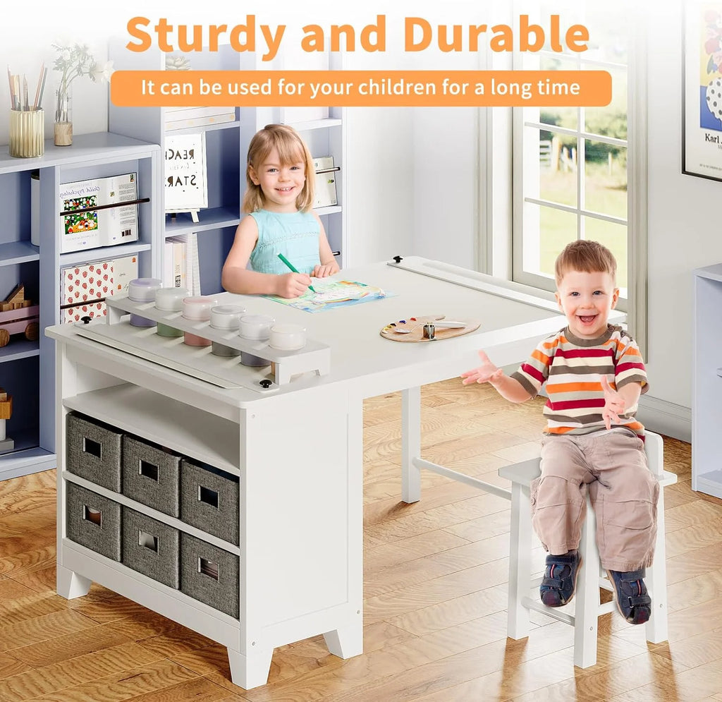 Kids Art Table and Chair Set with Two Chairs, Storage Shelves, Canvas Bins, Paper Roll O116