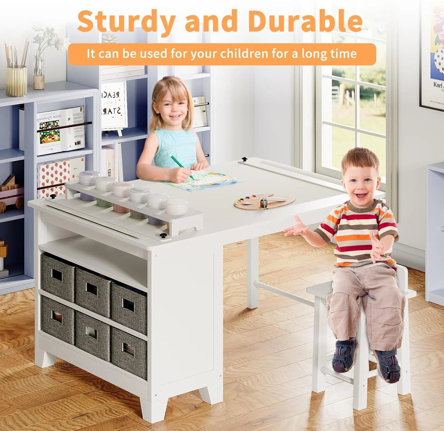 Kids Art Table and Chair Set with Two Chairs, Storage Shelves, Canvas Bins, Paper Roll O116