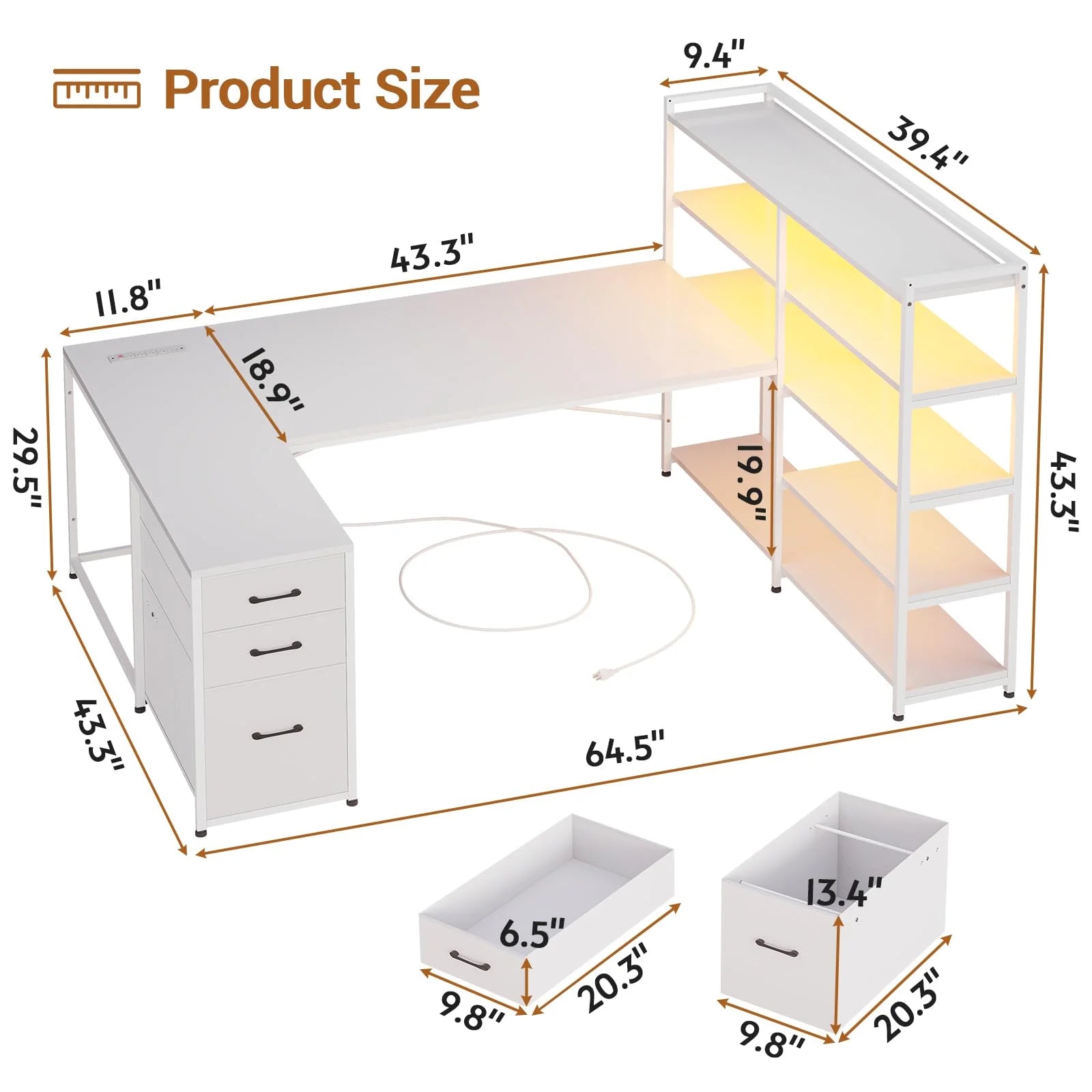 White L Shaped Computer Desk with Power Outlet and Storage Shelves T815744