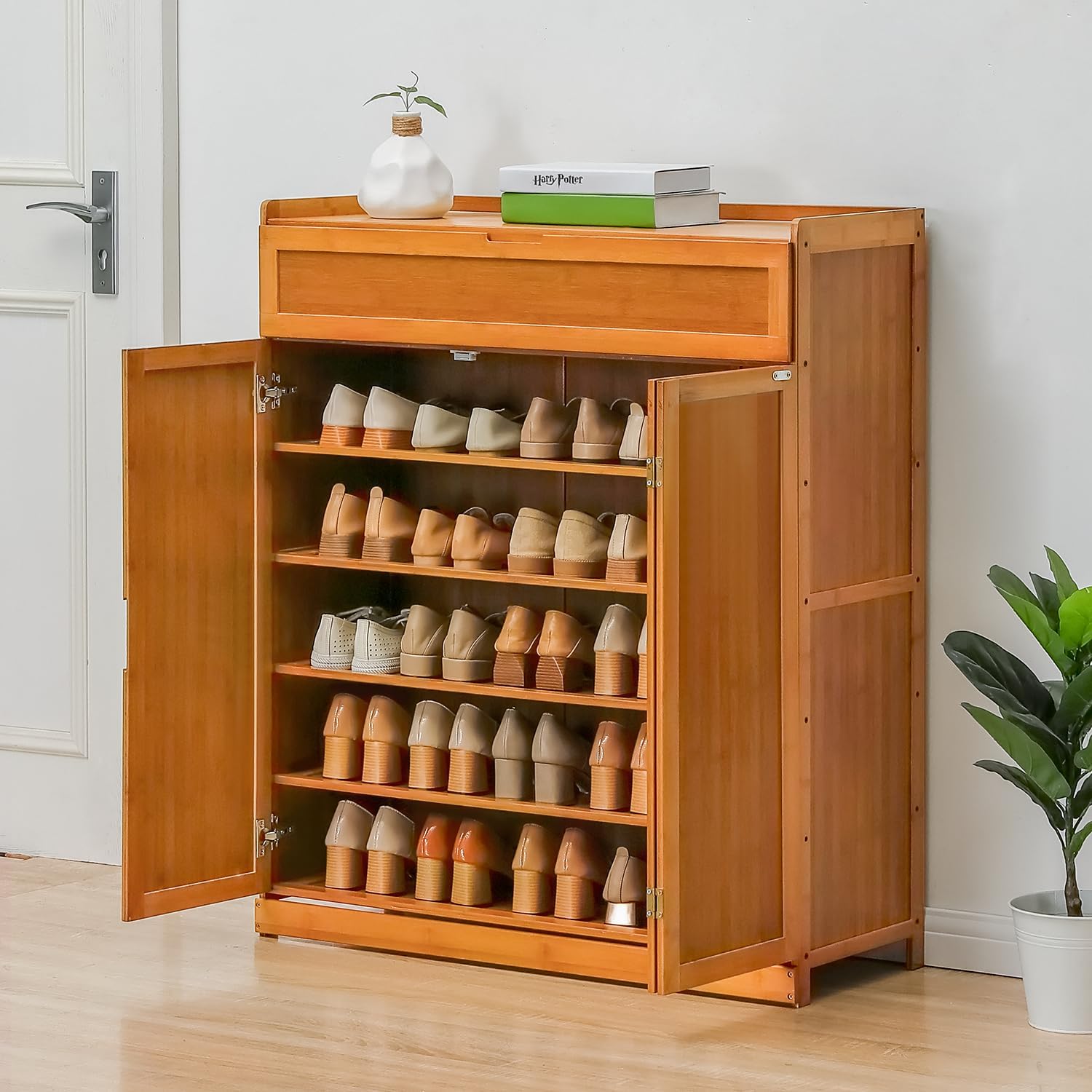 Bamboo 6 Tier Freestanding Shoe Cabinet with Doors (Brown) D103427