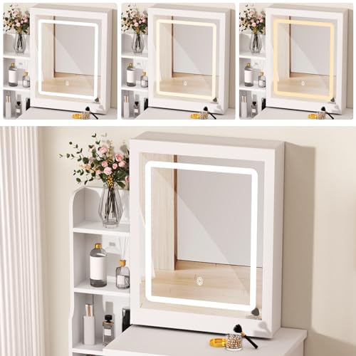 White Vanity Desk with Sliding Mirror and Lights, 4 Drawers X50792