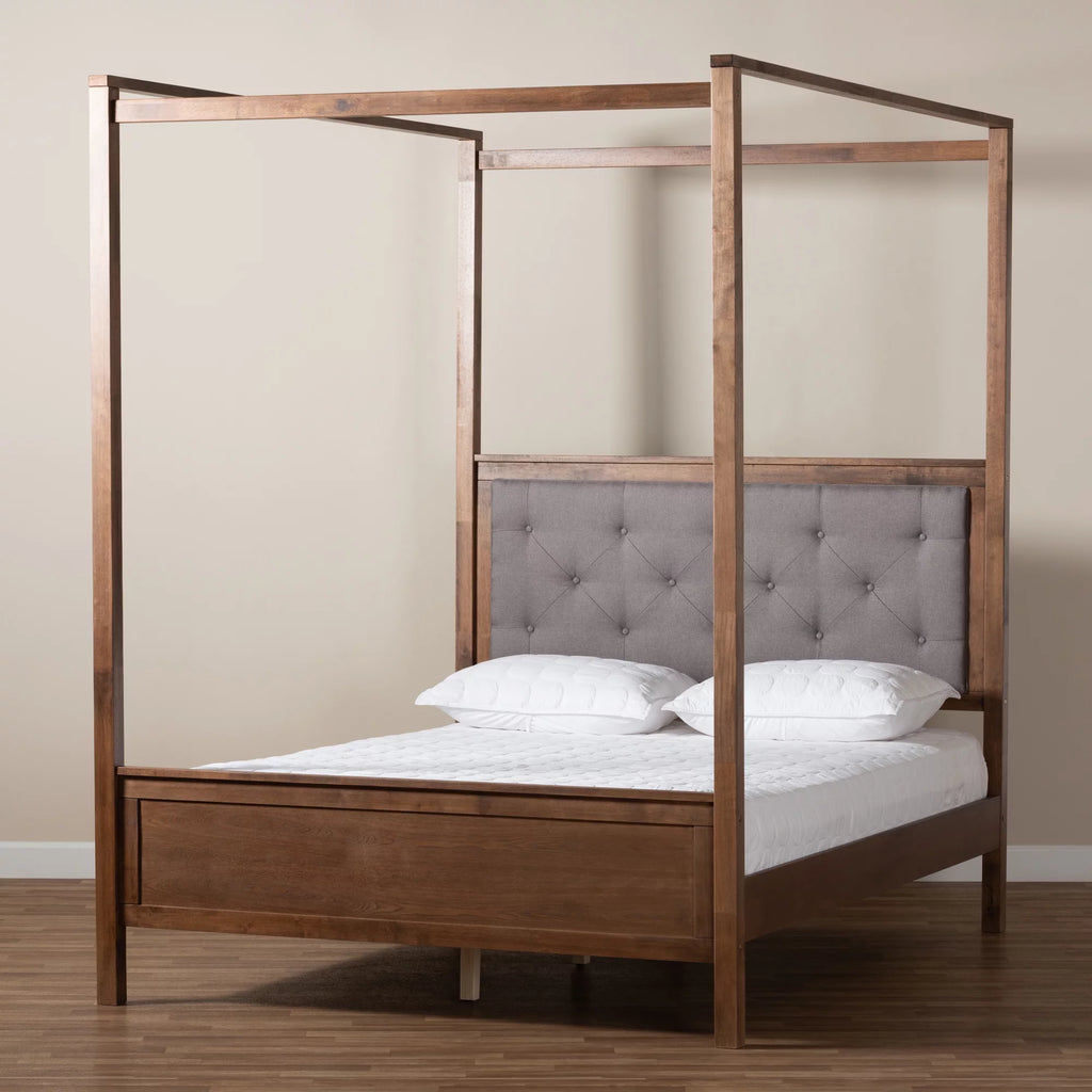 Queen Size Grey Fabric Upholstered Wood Platform Canopy Bed Y276