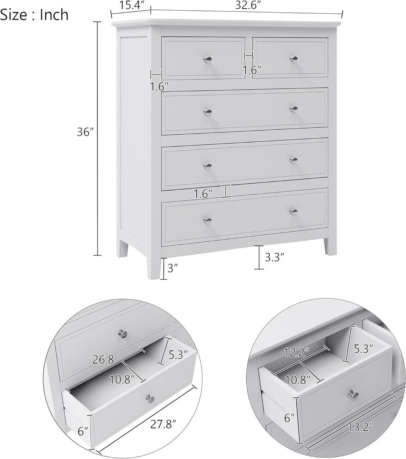 White Queen Size 5 Piece Wood Bedroom Furniture Set R175331