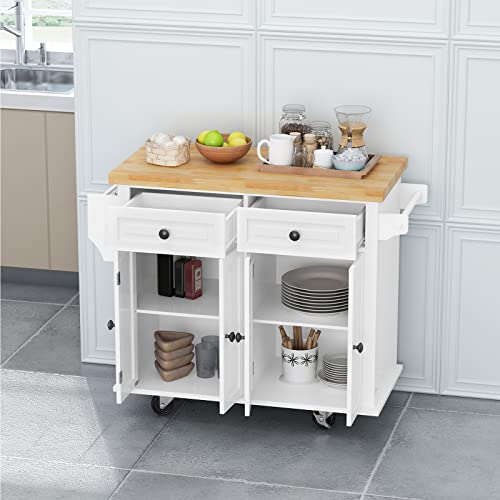 White Kitchen Island Cart with Wood Top and Drop Leaf H73662