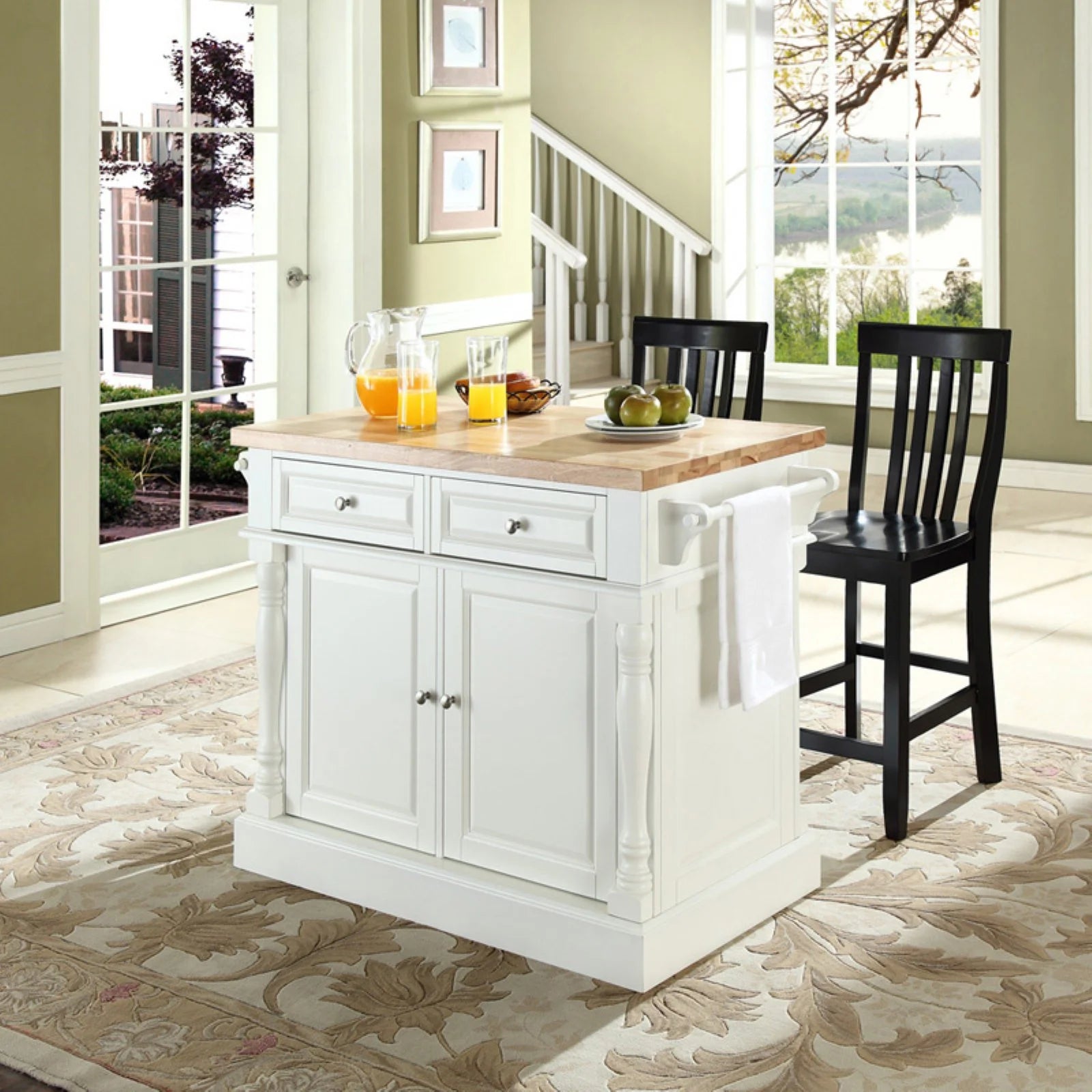 Butcher Block Top Kitchen Island with Stools V452