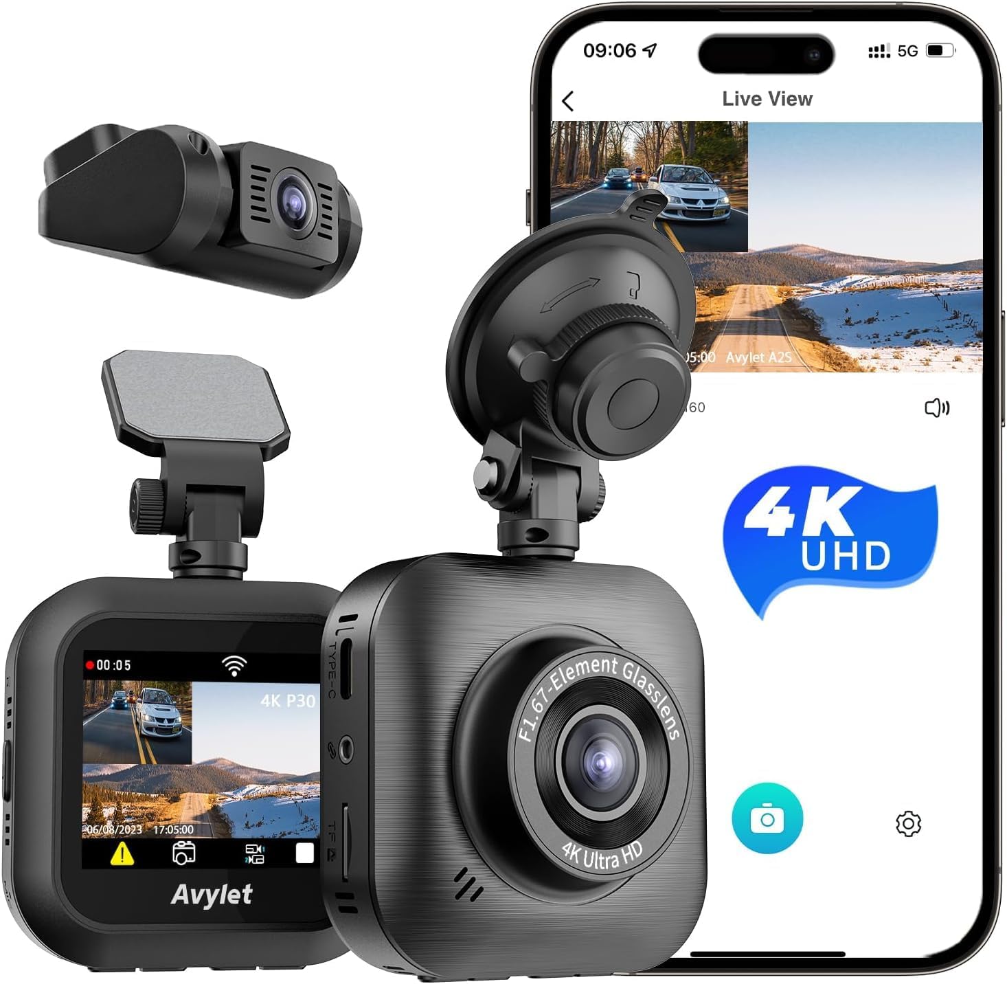 4K/1080P Wi-Fi Dual Dash Camera with IPS Screen, Night Vision, 170° Wide Angle R189