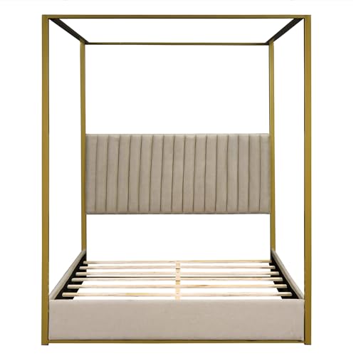 Queen Size Beige Upholstered Canopy Platform Bed Frame K270