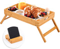 Bamboo Folding Bed Tray Table with Handles and Phone Holder Q14604
