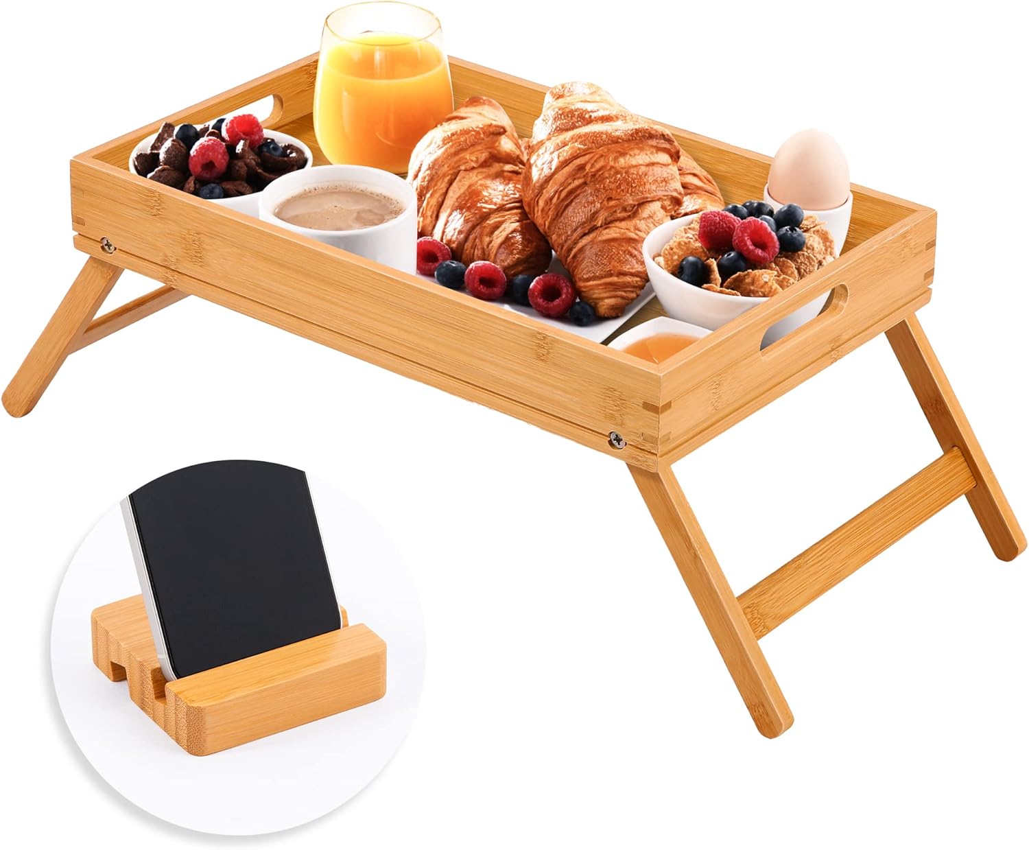 Bamboo Folding Bed Tray Table with Handles and Phone Holder Q14604