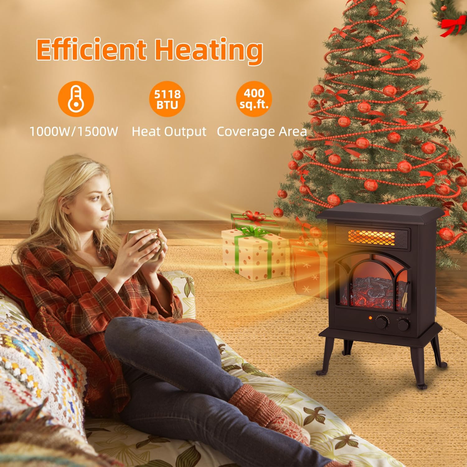 1500W Portable Infrared Electric Fireplace Heater with Realistic Flame Effects C791857