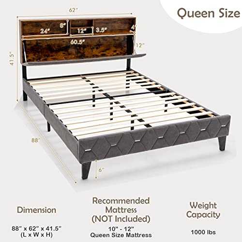 Queen Size Upholstered Platform Bed with Storage Shelves D8816