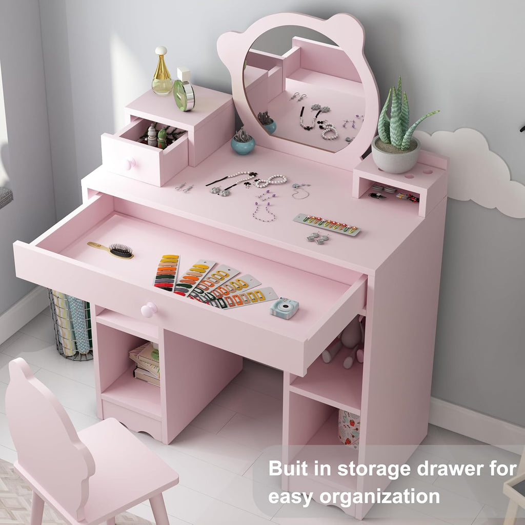 Pink Wooden Kids Vanity Set with Mirror and Stool V1530