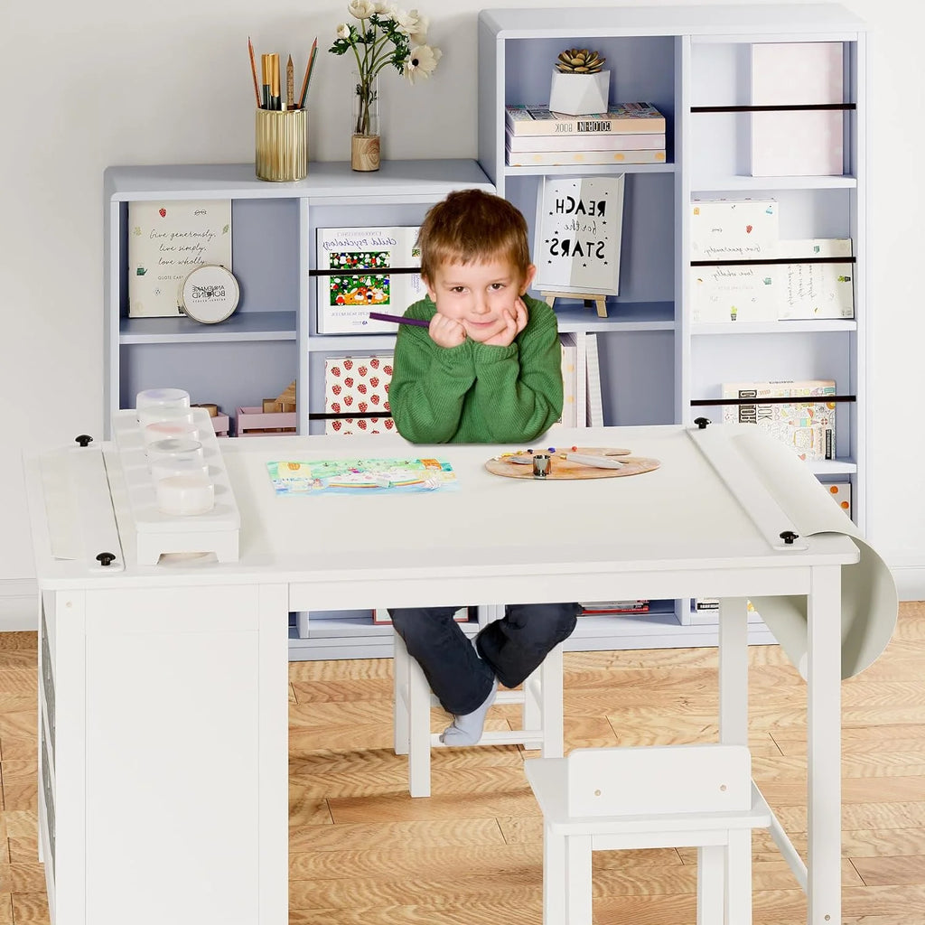 Kids Art Table and Chair Set with Two Chairs, Storage Shelves, Canvas Bins, Paper Roll O116