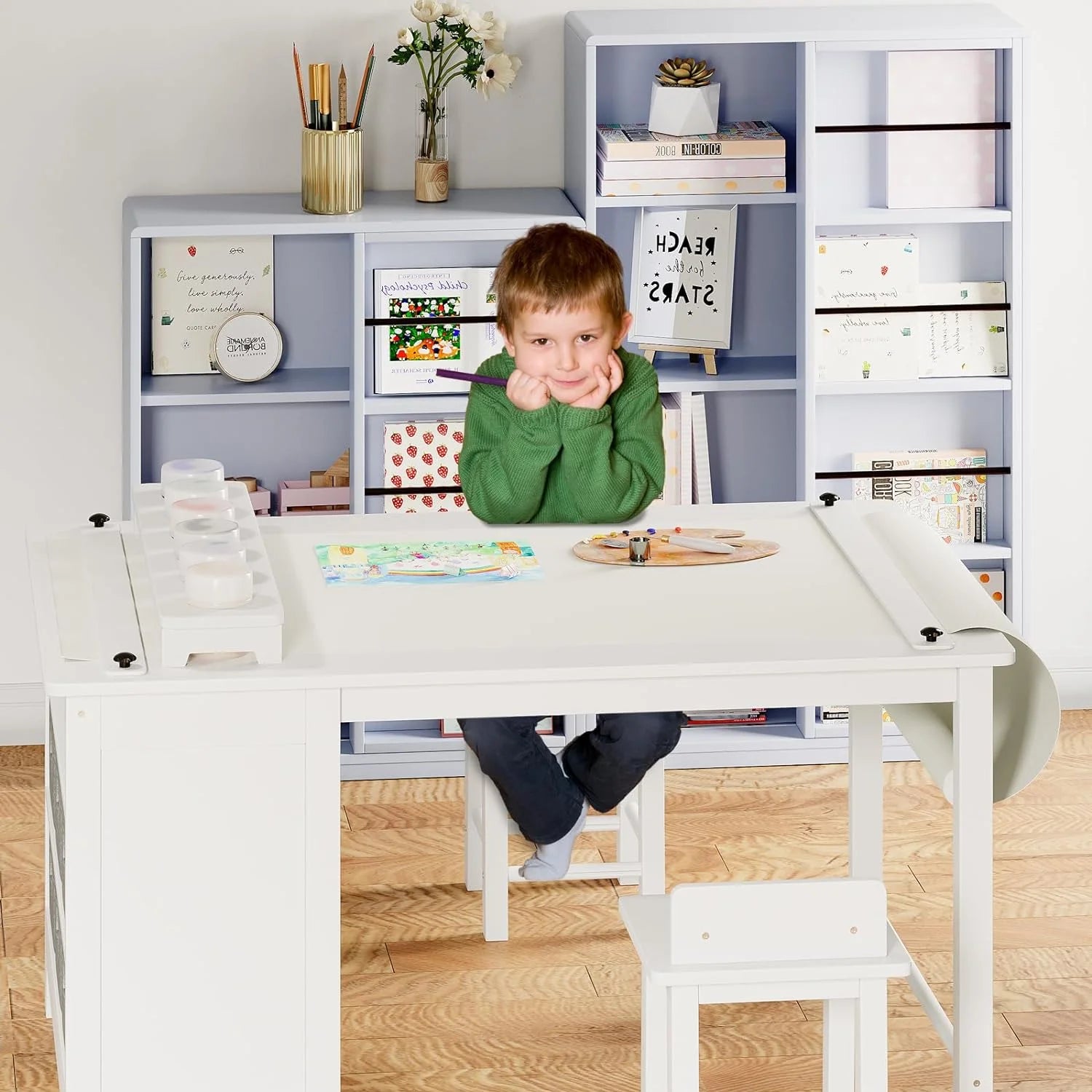 Kids Art Table and Chair Set with Two Chairs, Storage Shelves, Canvas Bins, Paper Roll O116