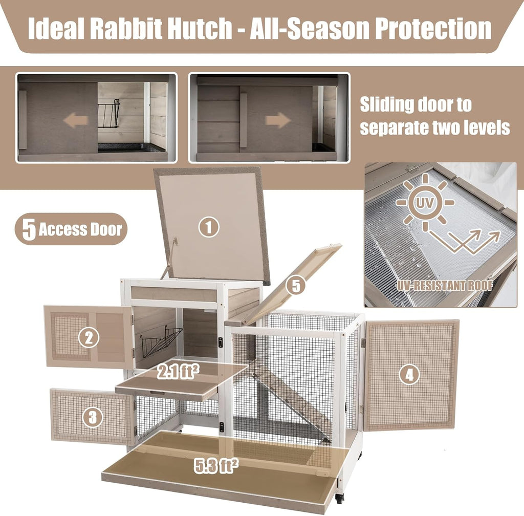 Grey Large 2 Story Wooden Guinea Pig Cage with 4 Metal Wheels and 2 Pull-Out Trays K853006