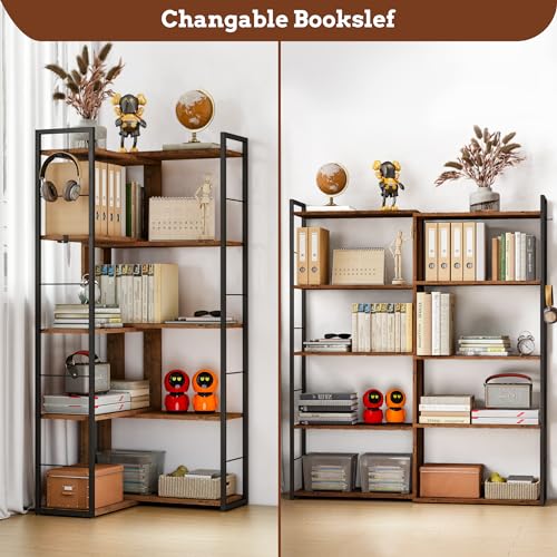 5 Tier Corner Bookshelf with 2 Hooks Adjustable Shelves Rustic Brown I4155