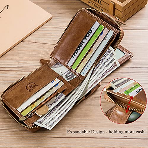 Genuine Leather Wallet with Zip Coin Pocket Coffee P2358