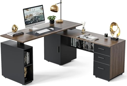 63" L Shaped Electric Height Adjustable Standing Desk with File Cabinet, Black Walnut A385