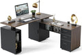 63" L Shaped Electric Height Adjustable Standing Desk with File Cabinet, Black Walnut A385