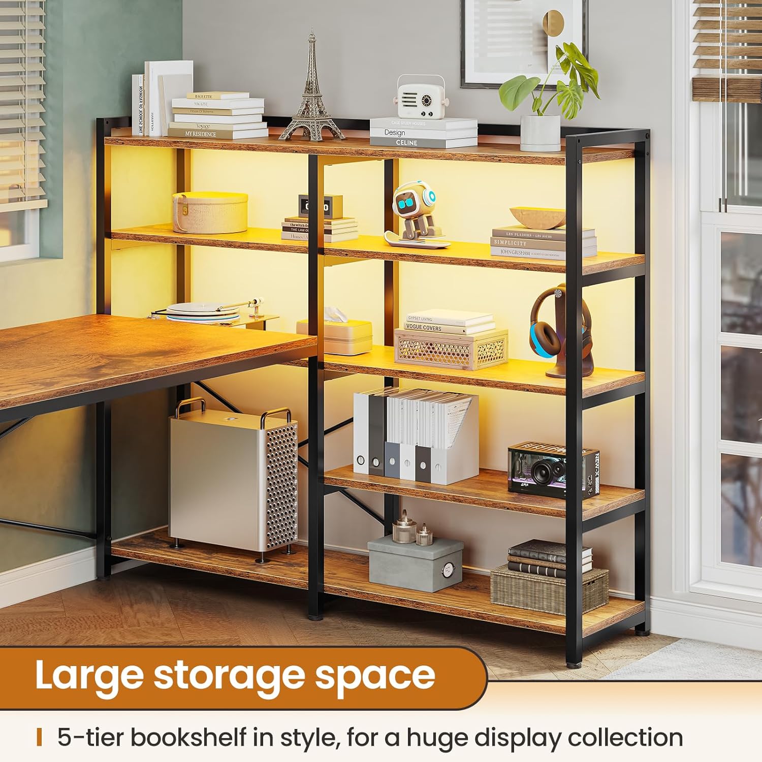 Rustic Brown L Shaped Computer Desk with Storage Shelves & Power Outlet Z50161