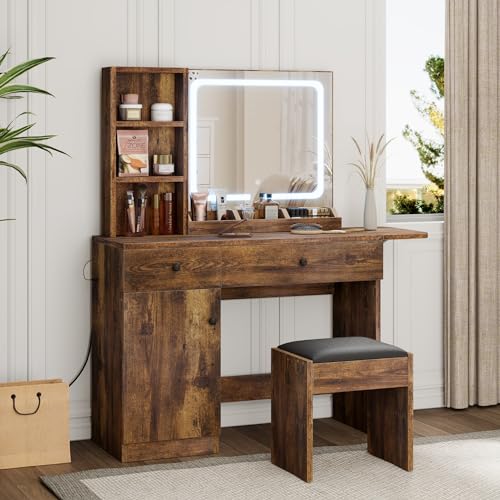 White Vanity Desk with Mirror and Lights, 2 Drawers X42598