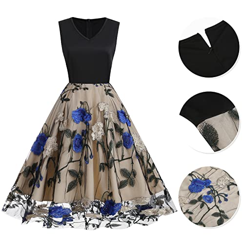 V Neck Sleeveless Mesh Floral Embroidery Dress D7930