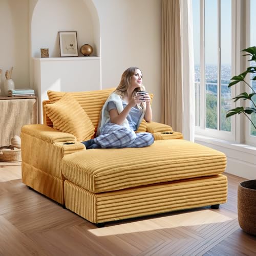 Oversized Corduroy Chaise Lounge Chair with Ottoman and Cup Holder Y52552
