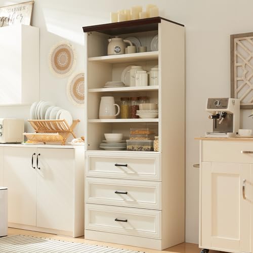 Antique White Tall Storage Cabinet with 3 Drawers and Adjustable Shelves B699519