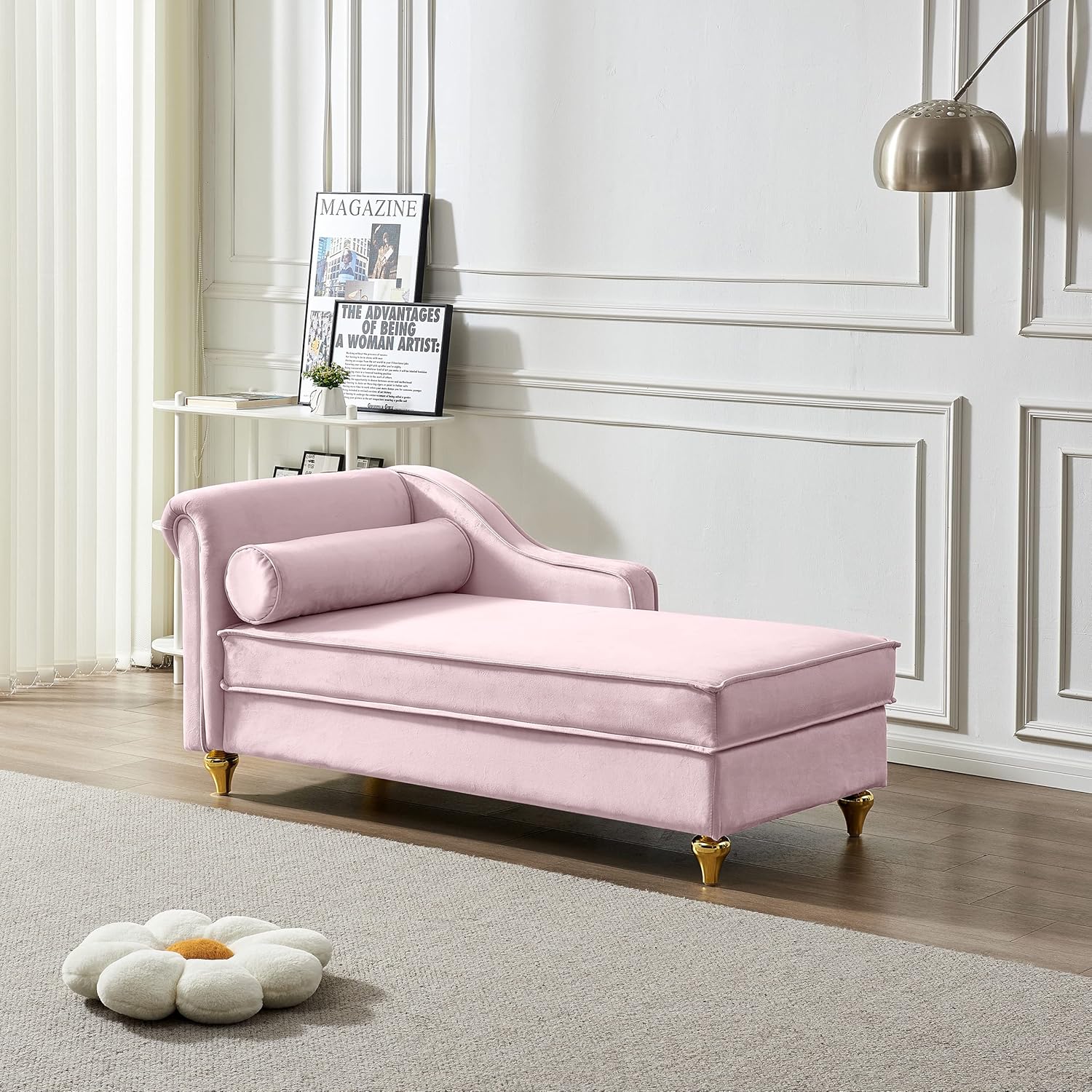 Pink Velvet Chaise Lounge Sofa Bed with Storage A85732