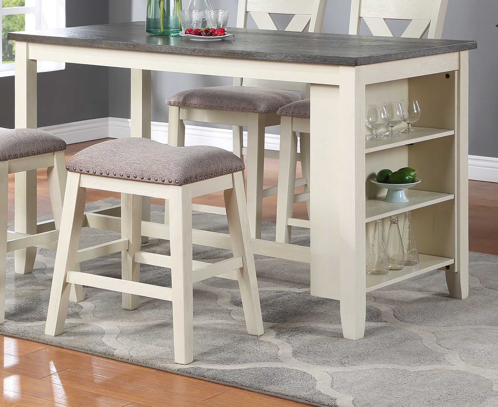 5pc Counter Height Dining Table with Storage Shelves and Stools E52093