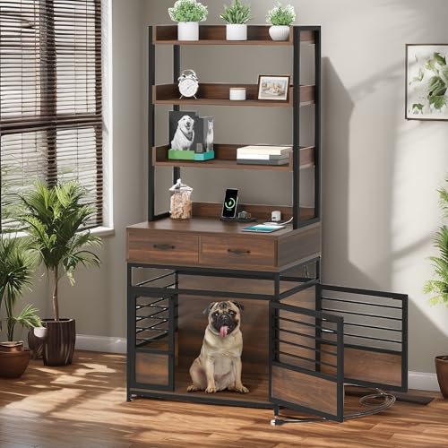 Rustic Brown Wooden Dog Crate with Storage Shelves and Double-Doors G749059
