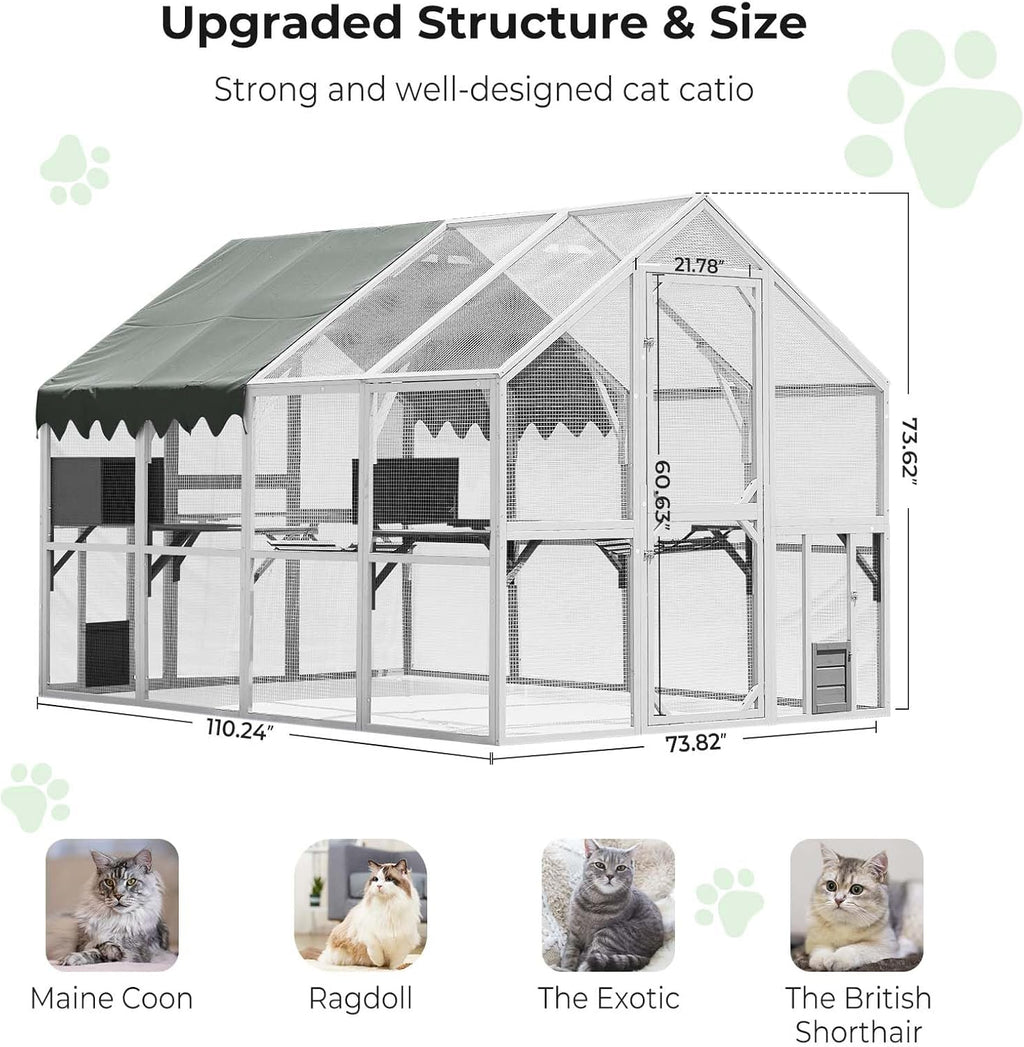 Large Wooden Outdoor Cat Enclosure with Waterproof Cover W18196