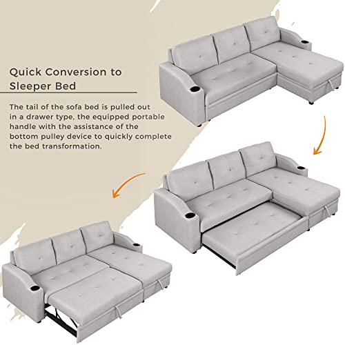 80.3" Linen Fabric Pull Out Sofa Bed with Storage Chaise Q51521