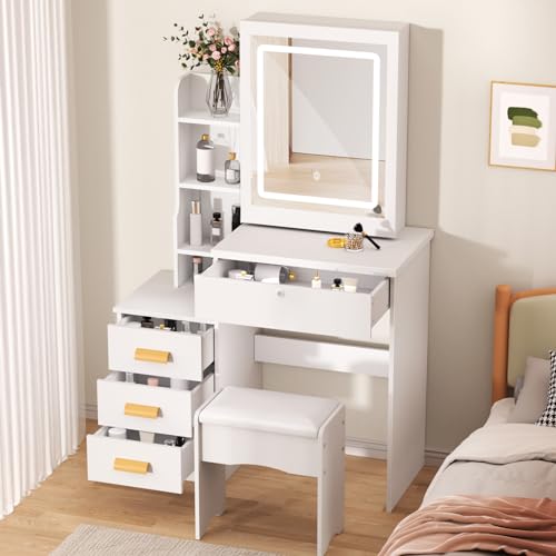 White Vanity Desk with Sliding Mirror and Lights, 4 Drawers X50792